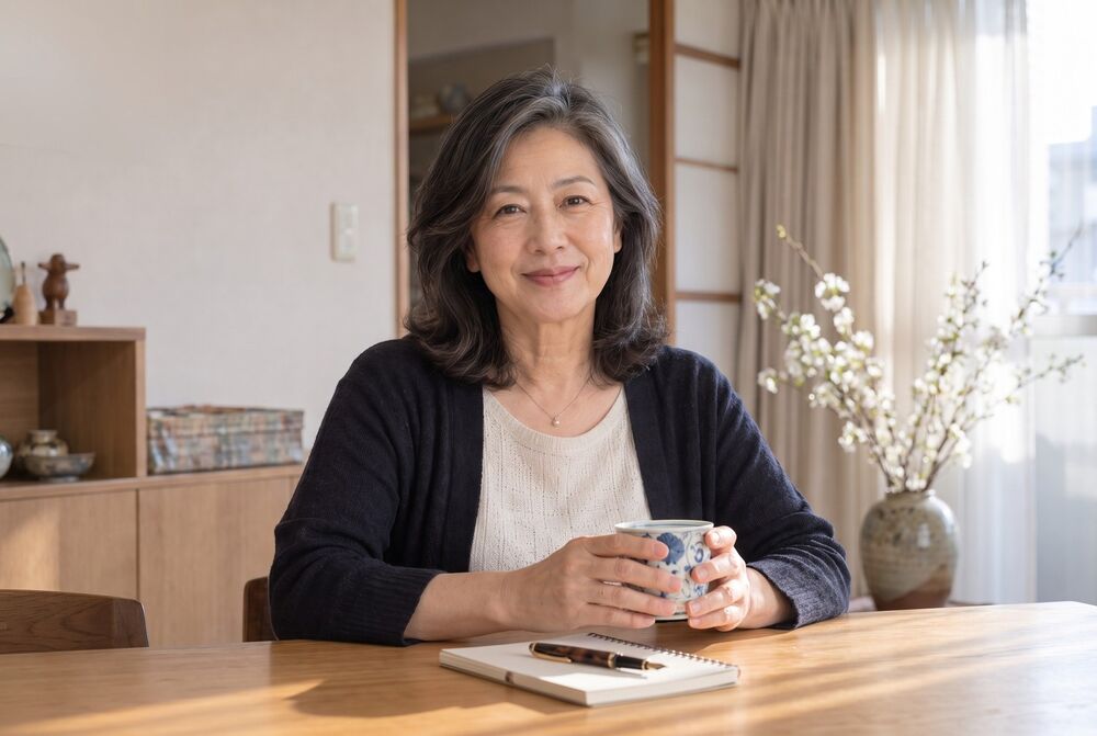 Mariko Aono at her table holding a blue and white porcelain cup